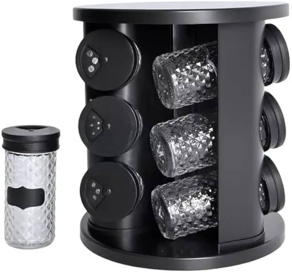 Porta Temperos Giratório com 9 Potes de Vidro, 85ml cada, + Adesivos Modelo: Diamont