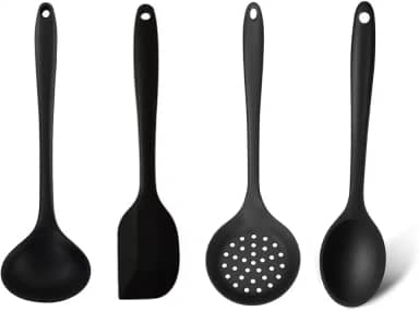 Kit Utensílios de Silicone Premium Completo - Colher de Arroz, Concha, Escumadeira e Espátula Pão Duro (Preto)