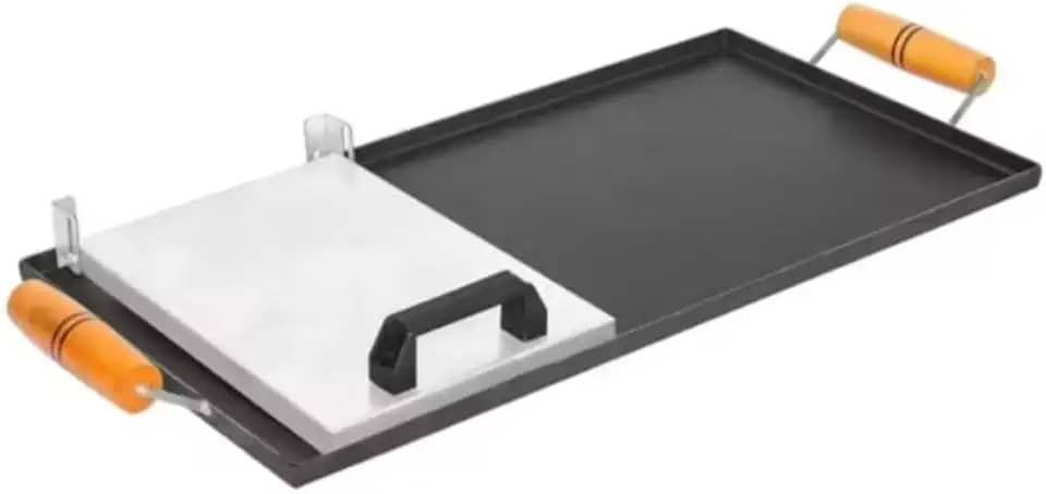 Chapa Para Lanche Profissional, Grill Antiaderente com Abafador, Preto, 60x30cm, Alças de Madeira, Para Hambúrguer e Churrasco