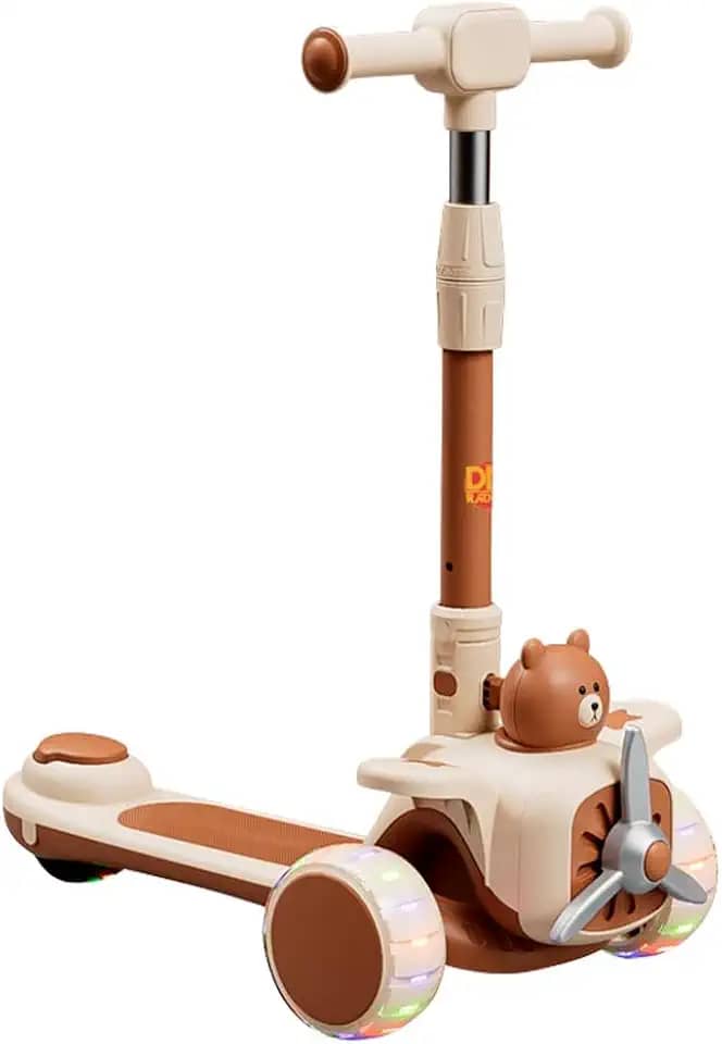 DM Toys Patinete Aviaozinho Feliz Ajustavel Lean-to-Steer 3 Rodas com Led e Som até 60kg Bege