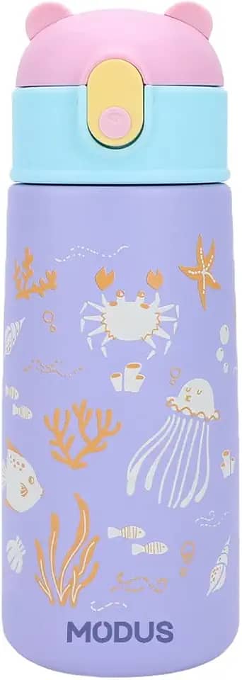 Garrafa Térmica Infantil - 500mL, Parede Dupla Livre de BPA, Anti Vazamento, com Canudo Silicone (Roxo)