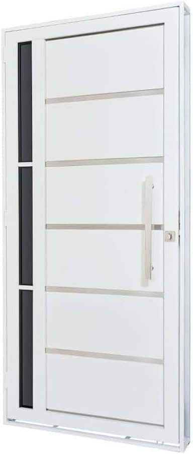 Porta de Aço Lambri 215x100cm com Friso e Puxador Inox Lateral Vidro Fumê Batente 12cm Qualitysol Ramassol