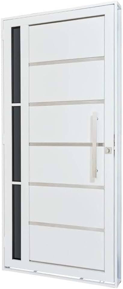 Porta de Aço Lambri 215x100cm com Friso e Puxador Inox Lateral Vidro Fumê Batente 12cm Qualitysol Ramassol