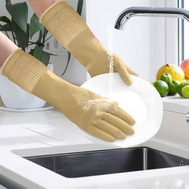 Luvas de borracha para limpeza com punhos longos, à prova d'água, para lavar louça, luvas domésticas com aderência para cozinha e banheiro (marrom, P)