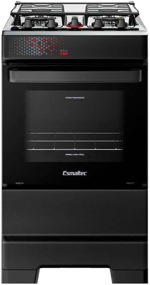 Fogão Esmaltec 4 Bocas Ideal Top Mesa Inox Tampa de Vidro Forno 50 Litros Preto T4IAP Bivolt