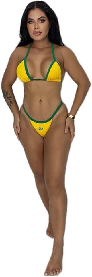 Biquíni do Brasil Feminino Tie Back Cintura Contrastada Bloco de Cores Elegante para Praia e Piscina