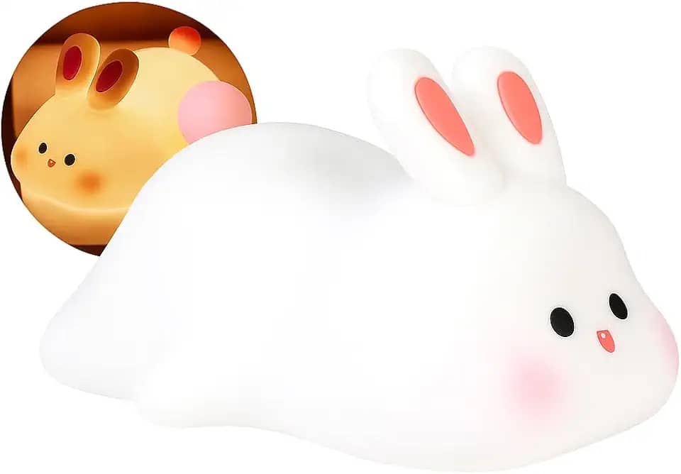 Luminária Infantil Coelho – Abajur LED Portátil e Recarregável USB | Luz Noturna Segura para Crianças e Bebês, Silicone Macio, 6 Cores, 3 Níveis de Brilho, Timer 30min e Até 6h de Duração