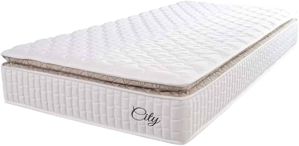 Colchão Solteiro Molas Ensacadas City Pillow Top 88x188x23cm Branco/Bege Hellen - Suporta até 110kg por Pessoa