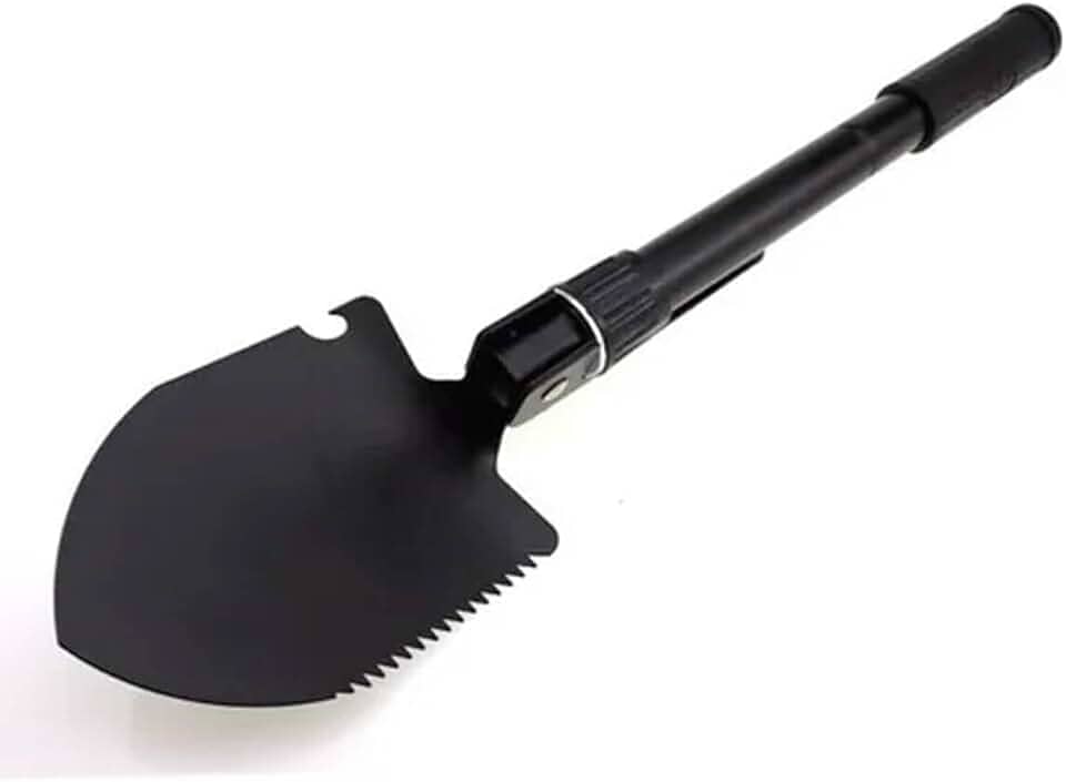 Pá Dobrável Multifuncional com Bússola, Cabo de 41cm, Lâmina 13x9cm, Preta Portátil 3 Em 1 Para Atividades Externas Com Trava E Bússola Para Camping E Trilha