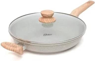 OSTER Frigideira Antiaderente de Cerâmica 28cm com Tampa Marble Edition - Construção em Alumínio e Revestimento Duplo de Cerâmica, Cabo Revestido em Silicone, Compatível com Indução - Cinza Dust