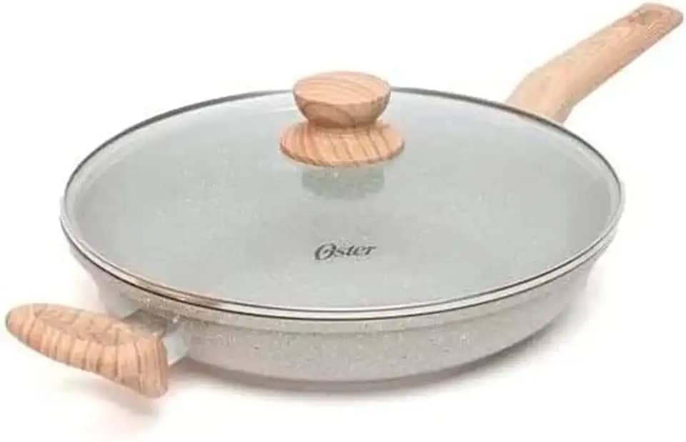 OSTER Frigideira Antiaderente de Cerâmica 28cm com Tampa Marble Edition - Construção em Alumínio e Revestimento Duplo de Cerâmica, Cabo Revestido em Silicone, Compatível com Indução - Cinza Dust