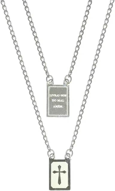 Escapulário Prateado Livrai-nos do Mal Amém com Cruz em Aço Inox 316 Para Presente Colar Corrente Cordão Masculio e Feminino