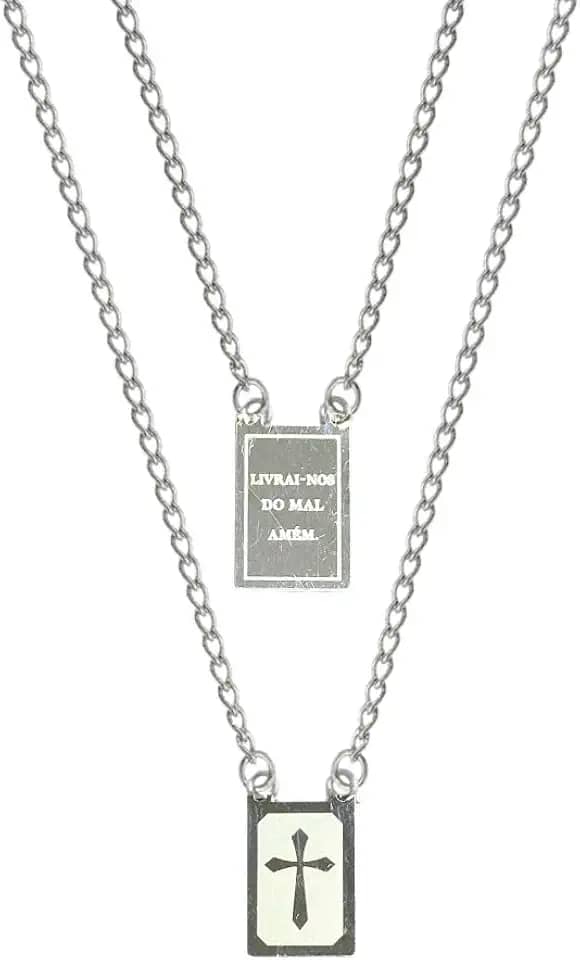 Escapulário Prateado Livrai-nos do Mal Amém com Cruz em Aço Inox 316 Para Presente Colar Corrente Cordão Masculio e Feminino