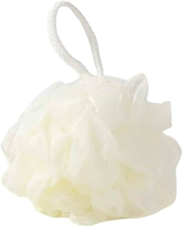 Esponja de Banho Tipo Flor Nylon Macio Branco 14cm de Diâmetro com Cordão para Pendurar Esfoliação Suave e Espuma Abundante para Uso Diário