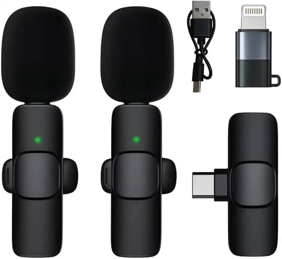 Microfone De Lapela Profissional Kit Com 2 Microfones Adaptador Para Iphone e Receptor Cancelamento De Ruídos Compatível Com Celular, Câmera E PC Conexão Via Bluetooth Para Gravações