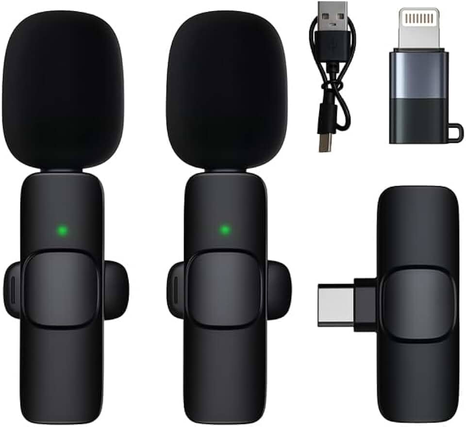 Microfone De Lapela Profissional Kit Com 2 Microfones Adaptador Para Iphone e Receptor Cancelamento De Ruídos Compatível Com Celular, Câmera E PC Conexão Via Bluetooth Para Gravações