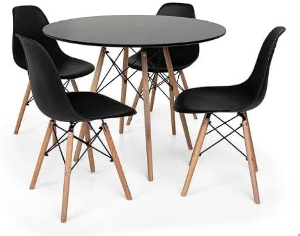 Conjunto de Jantar Mesa Eiffel Redonda Com 4 Cadeiras Charles Eames Eiffel Pés De Madeira Clara - Preto (Mesa 90cm)