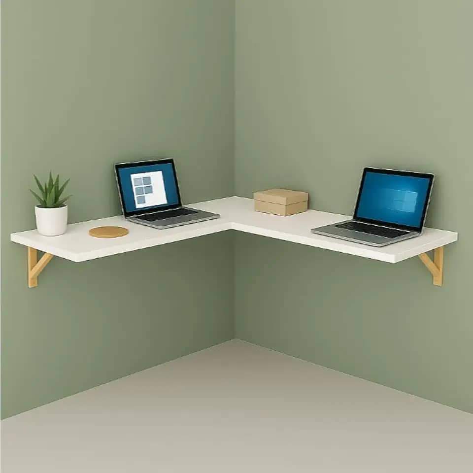 Mesa em L Suspensa para Computador e Notebook - Estilo Industrial com Prateleira e Mão Francesa de Madeira Maciça, Ideal para Home Office e Gamer(Branco)