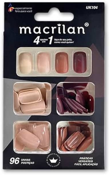 Unhas Postiças - Kit com 96 Peças e 4 Cores, Natural Look, Aplicação Simples - Macrilan UK104