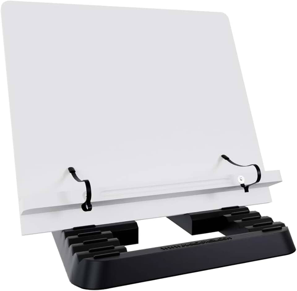 Marca Fácil Suporte para Livro e Notebook Resistente Ergonômico Durável Leve Portátil 19 Níveis de Ajuste com Prendedores de Páginas Branco M02