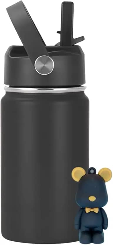 Garrafa Térmica Infantil Inox 350ml com Canudo, Alça e Antivazamento | Acompanha Chaveiro 3D (Preto)