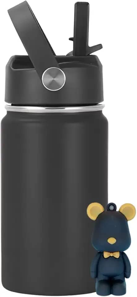 Garrafa Térmica Infantil Inox 350ml com Canudo, Alça e Antivazamento | Acompanha Chaveiro 3D (Preto)