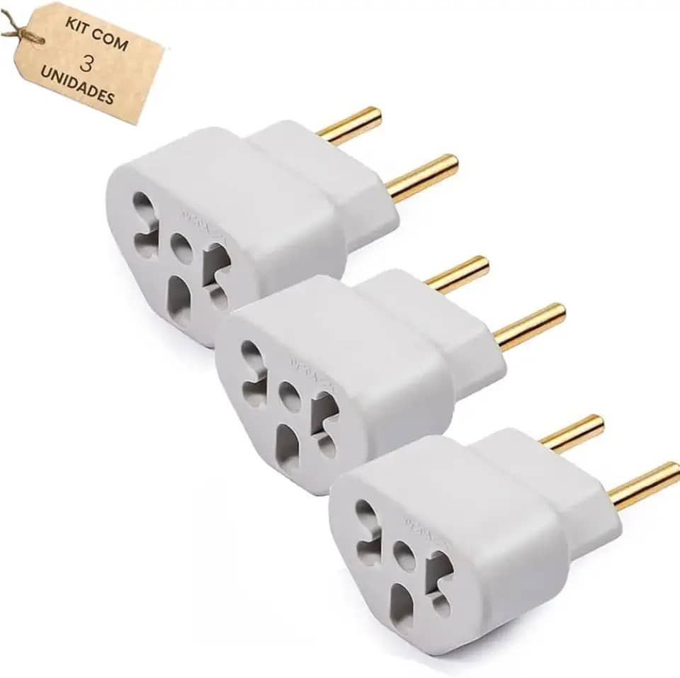 Kit 03 Adaptador De Tomada Universal Benjamin Bob Love Plug 10A e 20A Compatível com Diversos Aparelhos Até 250v T Pino Chato 10a/20a 250V Pino Maciço Universal Branco Pequeno