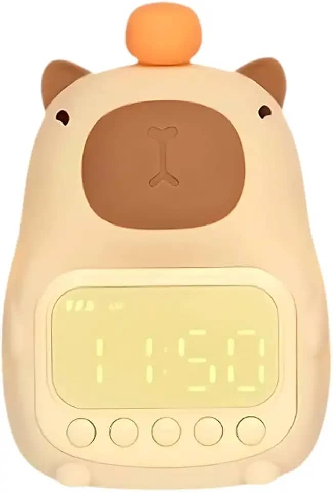 Relógio Despertador Digital LED Capivara, Luz Noturna, Recarregável USB-C, Indicador de Bateria