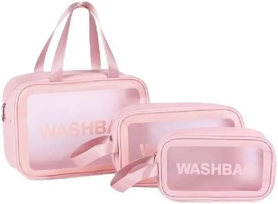 Kit 3 Necessaire Transparente Organizador Maquiagem Bolsa Mala-Vende Mais (Rosa)