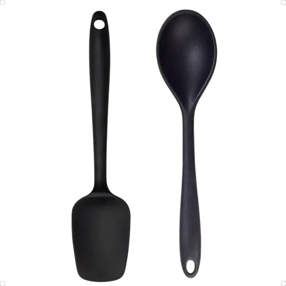 Kit Colher e Espátula de Silicone Premium Utensílios para Cozinha Flexível e Resistente ao Calor Ideal para Preparar Alimentos Não Risca as Panelas (Preto)