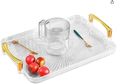 Bandeja com Alça Média Multiuso em Acrílico, Transparente com Alças Douradas, 30x21x2cm, Resistente, Fácil de Limpar