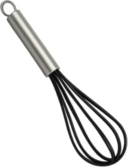 Batedor Ovos Fouet Fuê Claras Manual de Silicone Preto com Cabo de Aço Inoxidável Receitas Bolo Cremes Fuet Misturador Profissional Grande 25 cm