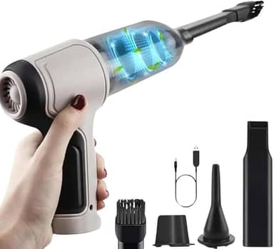 Aspirador de Pó Portátil Sem Fio USB Recarregável 3 em 1 Função Aspirador, Soprador, Inflador, Compacto Ideal para Casa, Carros, Escritório Bateria Durável e Motor 120W Linha Premium (Cinza)