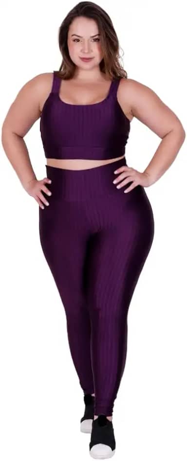 Conjunto Fitness Plus Size Cós Alto By Tina Top de Academia e Calça Cintura Alta Bárbara