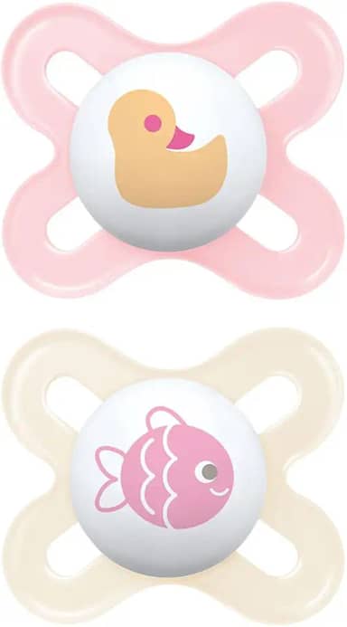 MAM Baby Kit com 2 Chupetas Original Start Com Bico Simétrico de Silicone SkinSoft para Crianças 0-2 Meses Com Caixa Esterilizadora, Rosa e Branco