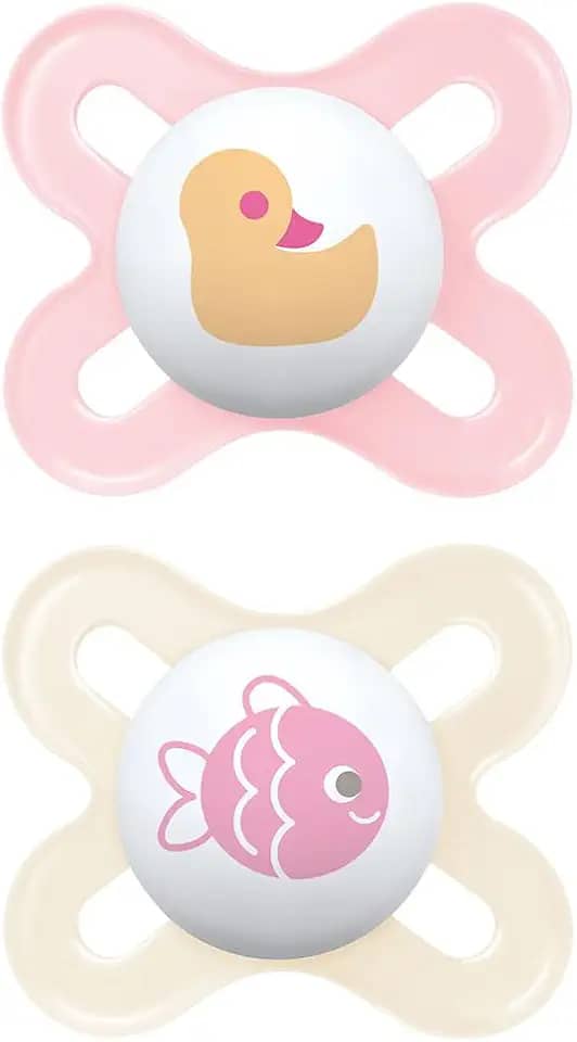 MAM Baby Kit com 2 Chupetas Original Start Com Bico Simétrico de Silicone SkinSoft para Crianças 0-2 Meses Com Caixa Esterilizadora, Rosa e Branco