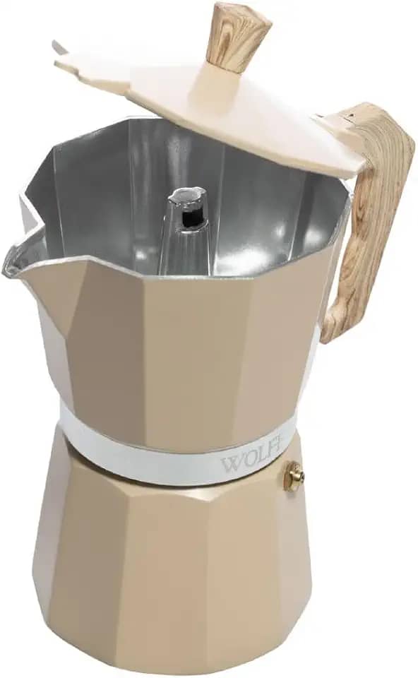 WOLFF - Cafeteira Italiana de Alumínio 6 Doses com Cabo em Plástico Bege Fosca 300ml