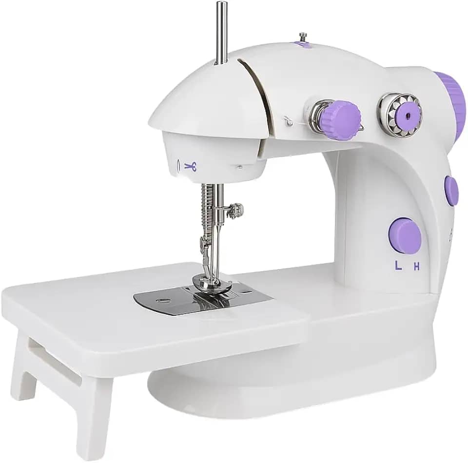 Mini Máquina de Costura Reta Portátil Bivolt Compacta com Mesa Extensora 110V/220V - 2 Velocidades com Pedal, Fonte e Manual