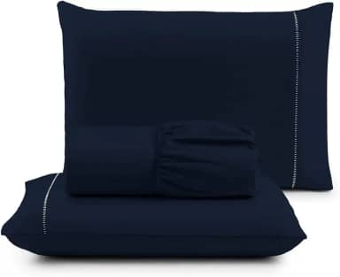 Jogo de Lençol Casal 3 Peças Micropercal 400 Fios, Acabamento em Ponto Palito, Toque Acetinado de Hotel, Antiácaro, Não Amassa, Lençol com Elástico, Não faz bolinha, Extra Macio. (Azul Marinho)