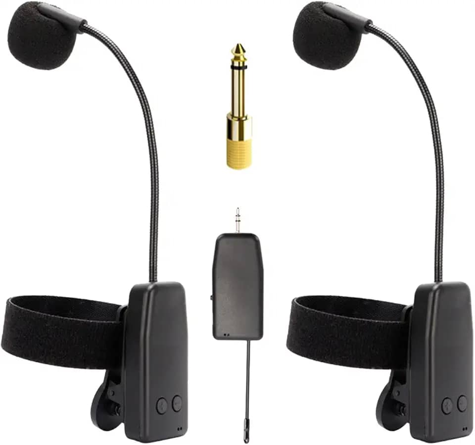 Dynwave Microfone de instrumento, transmissão de 30m com braçadeira, saxofone profissional, microfone para clarinete, concertos, trompete, 1 em 2