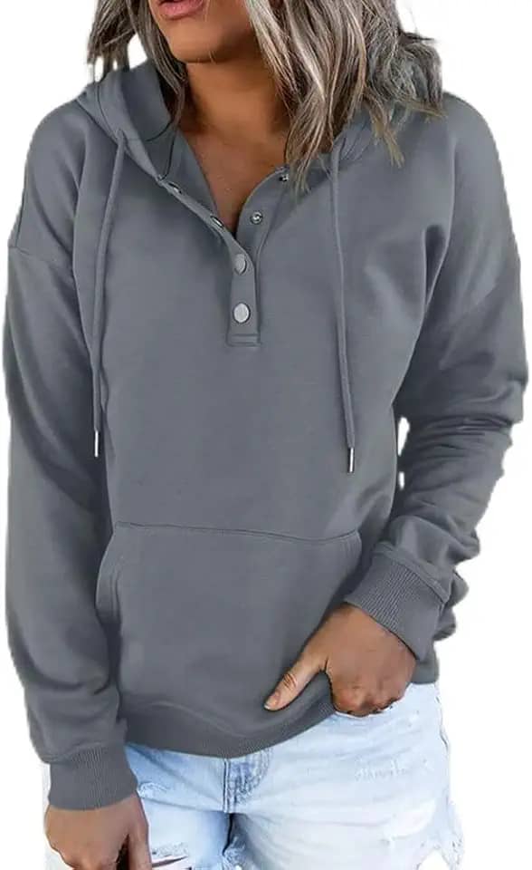 Pulôver feminino com capuz e gola de botão - blusa de manga longa com cordão, conforto casual