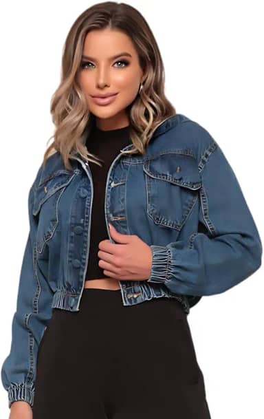 Jaqueta Jeans Feminina com capuz Bomber Elástico barra Lavagem marmorizada