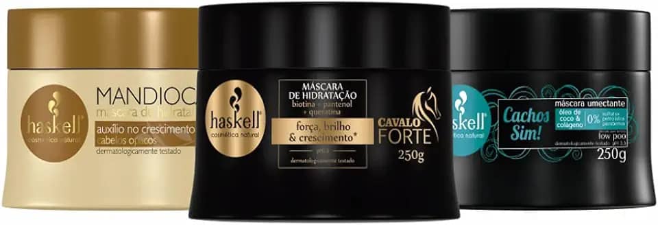 HASKELL Kit Capilar Cronograma Capilar para Cabelos Cacheados: Máscara Mandioca Hidratação, Cavalo Forte Reconstrução, Cachos Sim Nutrição