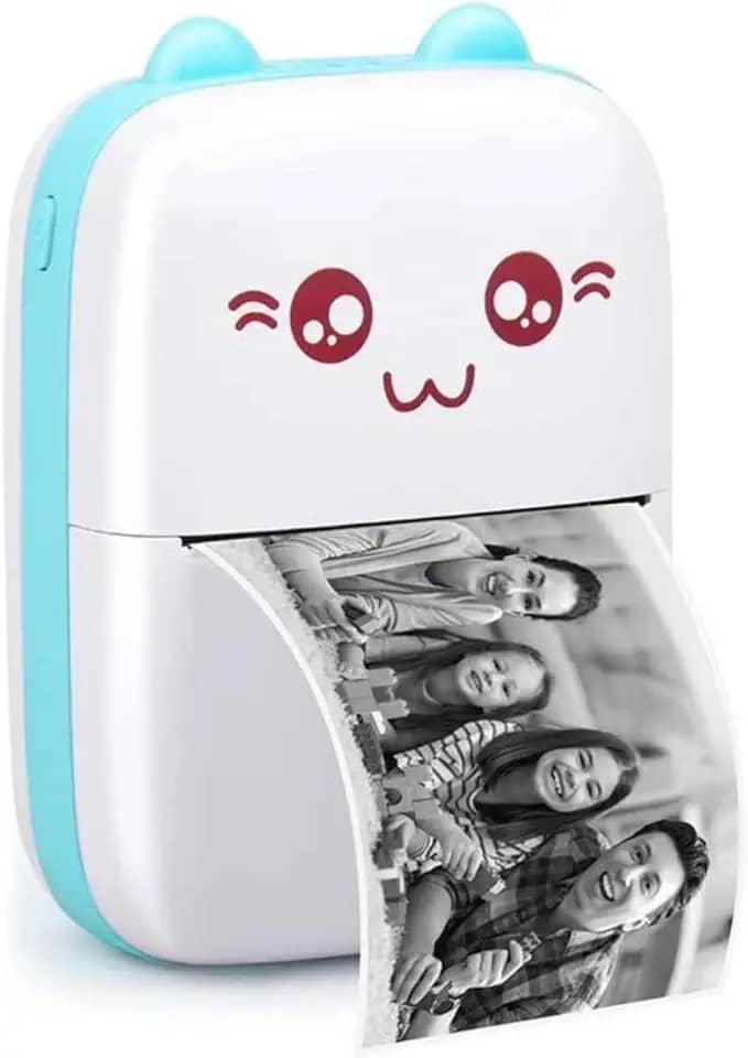 Mini Impressora Térmica Portátil BT 200dpi - Impressão de Fotos, Etiquetas, Notas, desenhos para colorir + 1 Rolo Adesivo e 4 Rolos Papel Térmico comum 57x30mm (Azul)