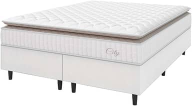 Cama Box Colchão Casal King Molas Ensacadas City Pillow Top 193x203x61cm Linho Branco/Bege Hellen - Suporta até 110kg por Pessoa
