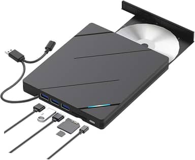 Gravador de DVD Externo 8-em-1, USB 3.0, Tipo-C, Portas Micro SD e T-Flash