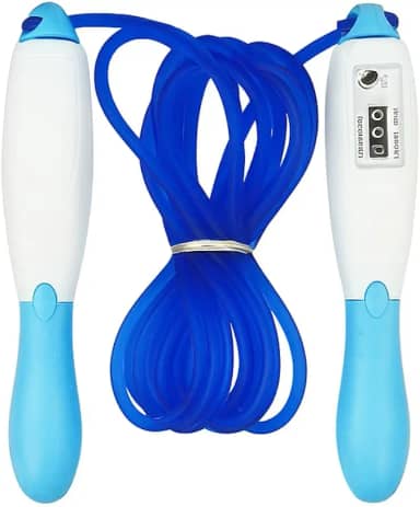 Corda De Pular Ajustável Com Contador Cabo Ergonômico Azul E Branco 2,6M Exercício Fitness