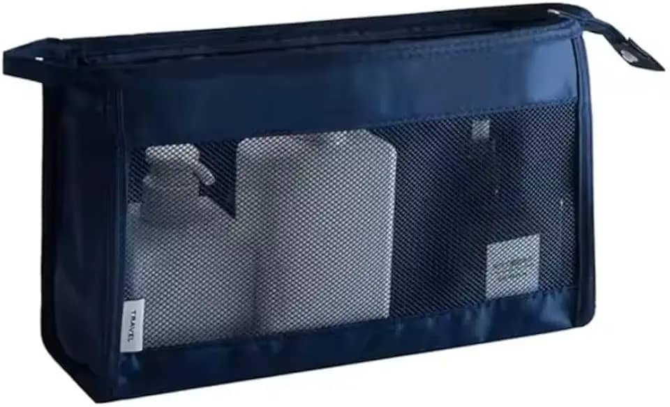 Necessaire Feminina para Viagem com Bolso Interno – Grande, Espaçosa e Ideal para Cosméticos, Higiene, Shampoo e Perfumes (Azul)