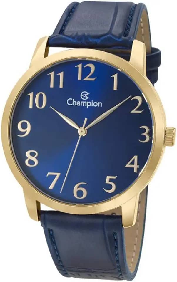 Relógio Masculino Dourado Champion Couro Azul Grande + NF