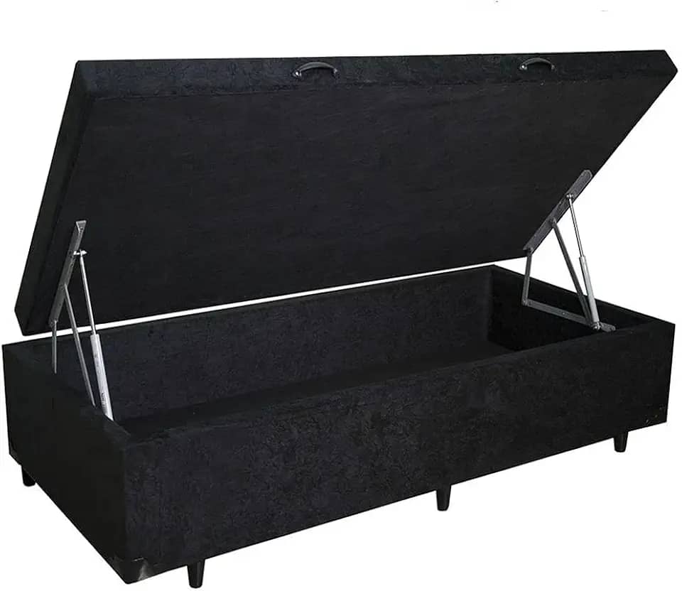 Cama Box Baú Solteiro Blindado Suede Preto com pistão a gas
